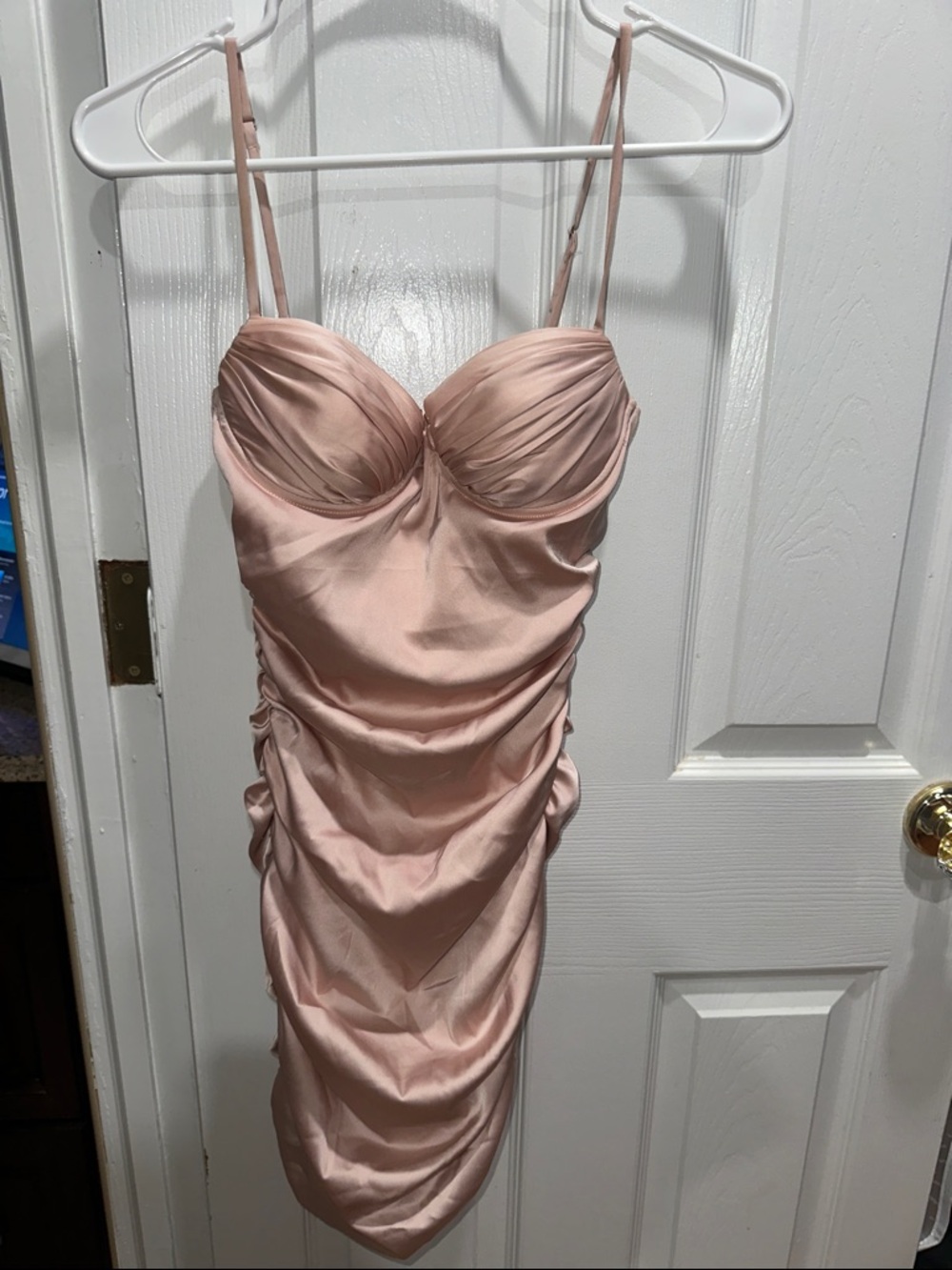 Oh Polly Blush Pink Ruched Satin Mini Dress